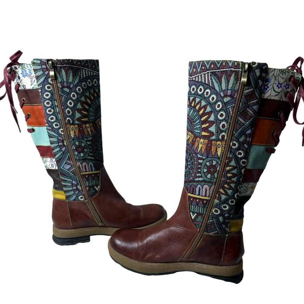 Socofy Bohemian Splicing Leather Knee-High Boots EU 39 | Patchwork | EUC - Picture 2 of 10
